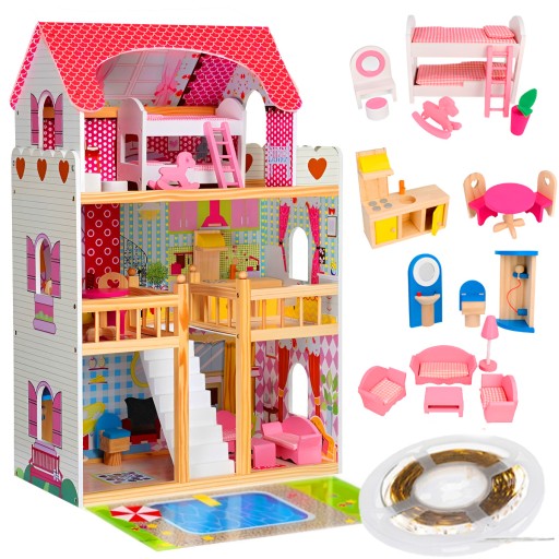 DOMEK DREWNIANY DLA LALEK Z MEBLAMI + Basen + LED
