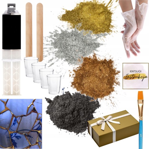 ZESTAW DO TECHNIKI KINTSUGI NAPRAWA CERAMIKI DIY 4 KOLORY ZŁOTY CZARNY KLEJ