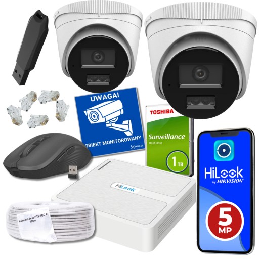 Zestaw do monitoringu na 2 kamery IP PoE DETEKCJA AI z dyskiem HiLook