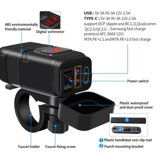 ŁADOWARKA MOTOCYKLOWA WOLTOMIERZ USB + USB-C typ C QC 3.0