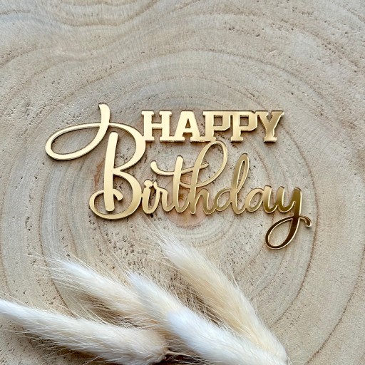 HAPPY Birthday Napis Dekor na bok tortu Plexi Złote lustro 10cm