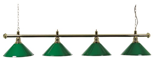LAMPA BILARDOWA METALOWA ZŁOTA Z 4 ZIELONYMI KLOSZAMI