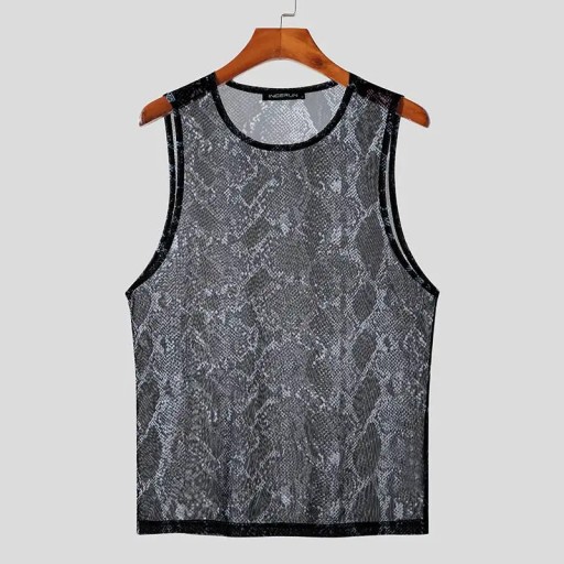 INCERUN Men Tank Tops Printing Mesh Transparent O-
