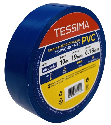 TAŚMA IZOLACYJNA ELEKTRYCZNA PVC 10m/19mm/0.18mm 7500V TESSIMA NIEBIESKA
