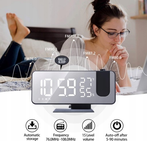 ZEGAR TERMOMETR LUSTRO Z PROJEKTOREM ALARM RADIO