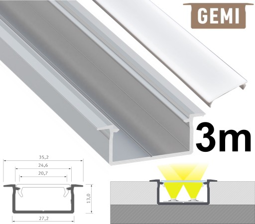 PROFIL DO TAŚM LED SZEROKI NA 2 TAŚMY LED GEMI SREBRNY 3M Z KLOSZEM