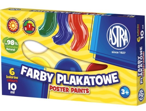 Farby Szkolne Plakatowe 6 Kolorów 10ml Astra Do Kartonu Papieru Drewna