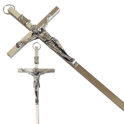KRZYŻ METALOWY SREBRNY WISZĄCY NA ŚCIANĘ 13 CM