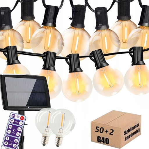 GIRLANDA SOLARNA OGRODOWA ŁAŃCUCH LAMPKI 50+2 G40 ŻARÓWKA LED 15M Z PILOT