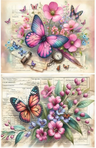 Papier ryżowy A4 Artando Kwiaty kwiatki motyle motylki napisy Vintage