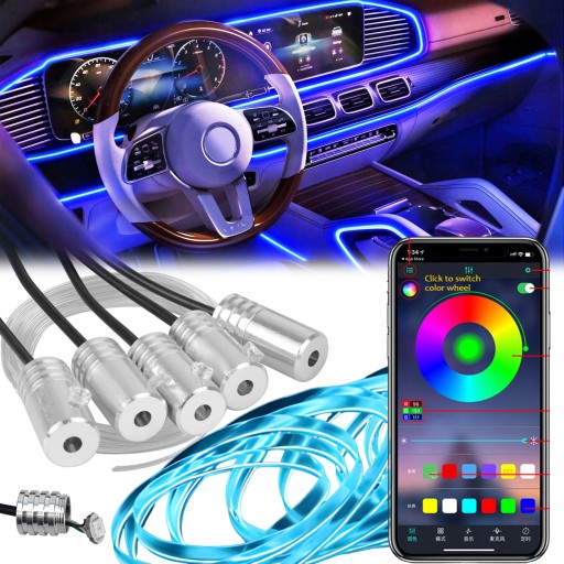 ŚWIATŁOWÓD AMBIENT LIGHT LED RGB OŚWIETLENIE WNĘTRZA AUTA 6M APLIKACJA