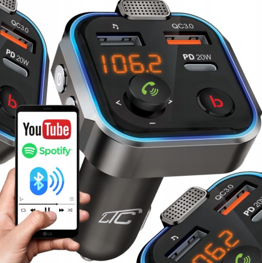 Transmiter Bluetooth FM Ładowarka Adapter 2xUSB + USB Typ-C Mp3 Samochodowy