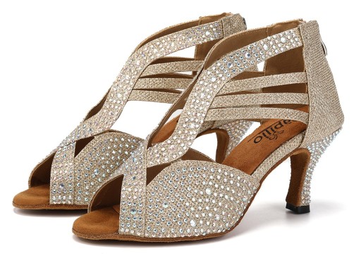 BUTY DO TAŃCA TANECZNE SZAMPAŃSKIE ZDOBIONE 7,5cm