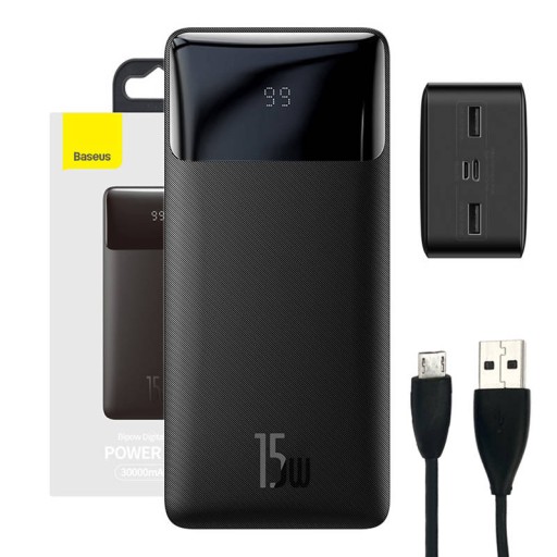 BASEUS POWER BANK 30000mAh 15W, USB-C, MicroUSB, 2xUSB +KABEL