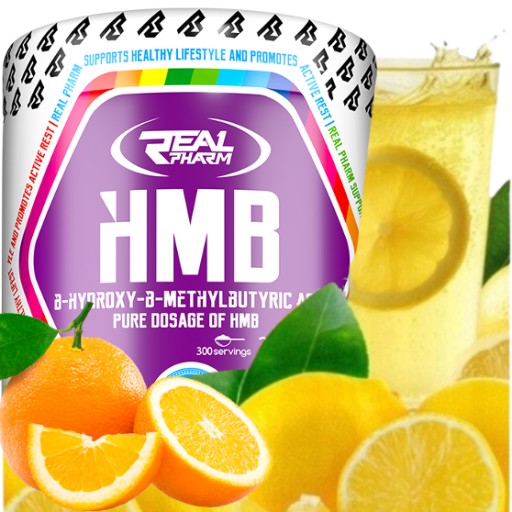 HMB na rzeźbę MIĘŚNIE SIŁA WYTRZYMAŁOŚĆ Real Pharm HMB 300g ORANGE LEMON