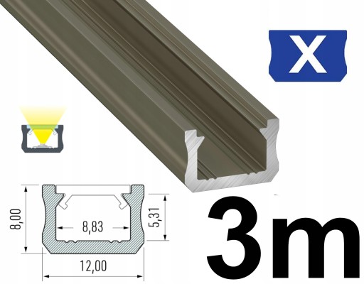 PROFIL LED 3M ALUMINOWY DO TAŚM 12mm WĄSKI TYP X INOX ANODOWANY 3M