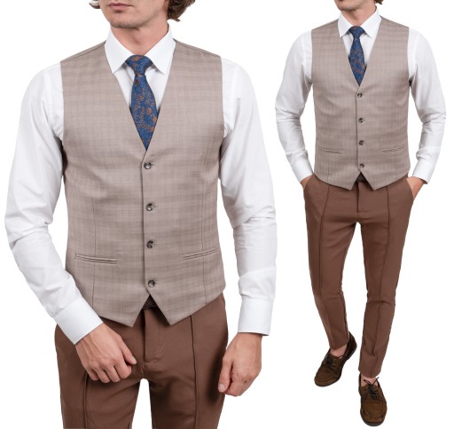 Elegancka Męska Kamizelka w Jasnym Beżu z Delikatną Kratką + dodatek- 56