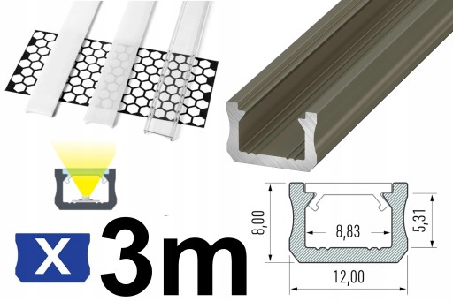PROFIL LED 3M ALUMINOWY DO TAŚM 12mm WĄSKI TYP X INOX ANODOWANY 3M + KLOSZ