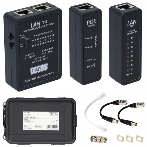 DIGITUS Tester kabli sieci LAN RJ45 BNC PoE + ETUI
