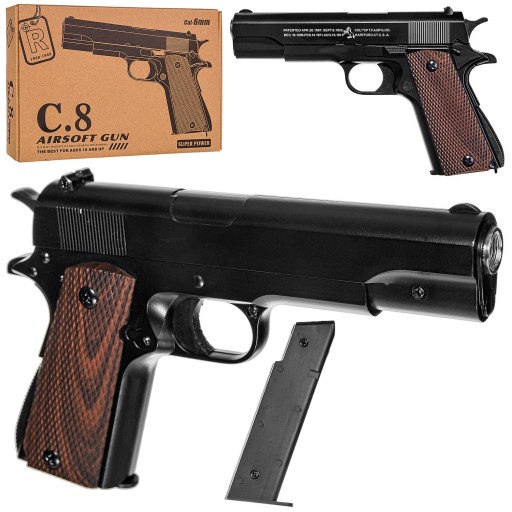 METALOWY PISTOLET NA KULKI SPRĘŻYNOWY C8 AIRSOFT 6MM M1911 COLT