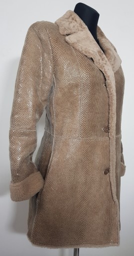 Połyskujący kożuch naturalny SHEARLING ciepły beż leciutki M L