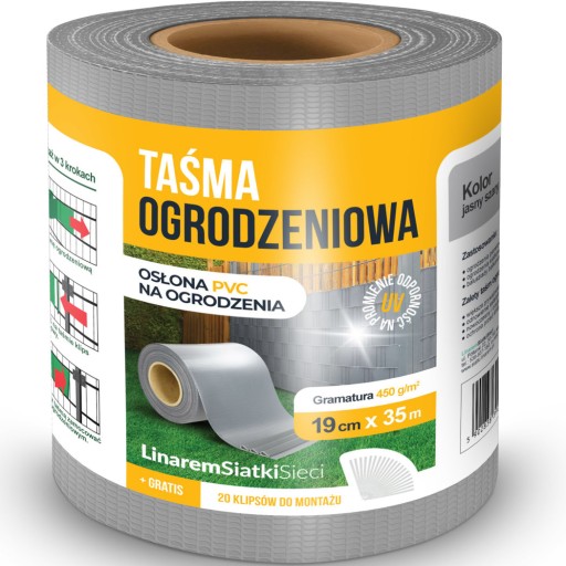 TAŚMA OGRODZENIOWA LINAREM 19x35m JASNOSZARA 450g