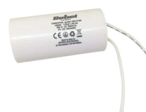 Kondensator silnikowy rozruchowy 15uF/450VAC z przewodami REBEL