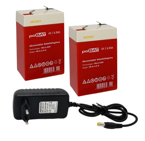 ZESTAW DO AUTKA 2x AKUMULATOR VRLA AGM 6V 4.5Ah + ładowarka LED 12V 2A