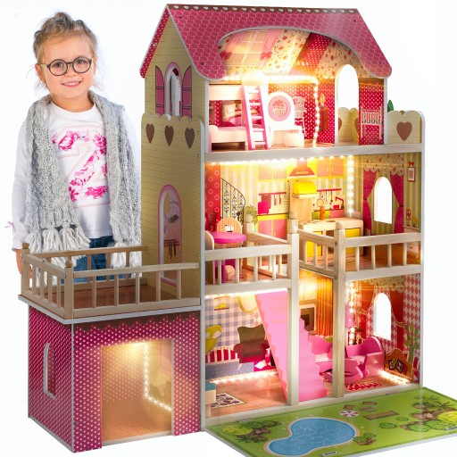 DREWNIANY DOMEK DLA LALEK Z GARAŻEM KINDERPLAY ŚWIATŁO LED OGRÓD MEBELKI