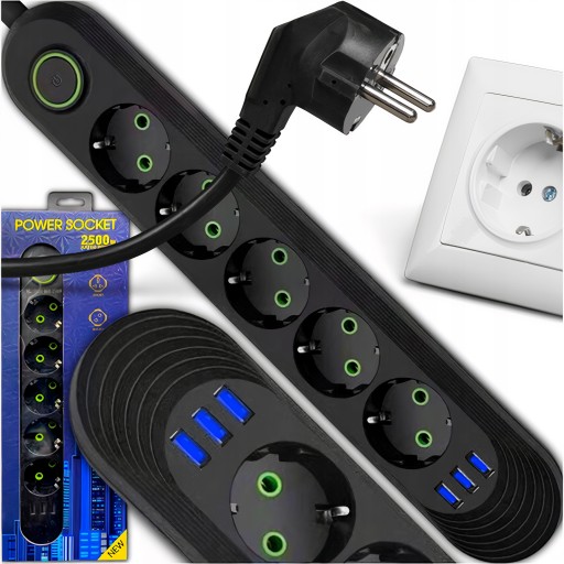 LISTWA ZASILAJĄCA 5 GNIAZDA 3 USB PRZEDŁUŻACZ 5M