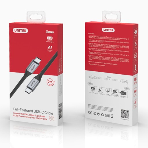 UNITEK KABEL USB-C 3.1 gen1 4K 60Hz QC PD 100W 2m