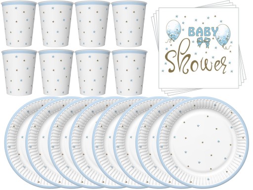 Zestaw Talerzyki Kubeczki Serwetki BABY SHOWER Niebieskie Gwiazdki