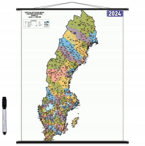Mapa Ścienna Drogowa SZWECJI + kody 160cmx120cm Aktualna 2024