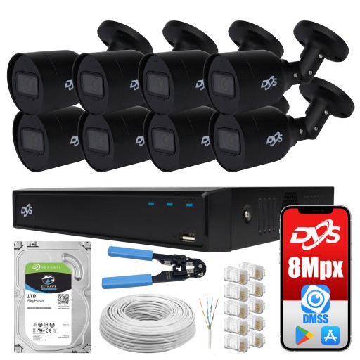 ZESTAW DO MONITORINGU 8 ZEWNĘTRZNE KAMERY IP POE CZARNE 8Mpx MIKROFON 1TB