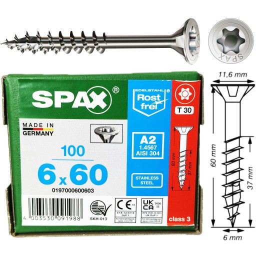 Wkręty NIERDZEWNE 6x60 mm wkręty do drewna 100szt STAL SZLACHETNA A2 SPAX