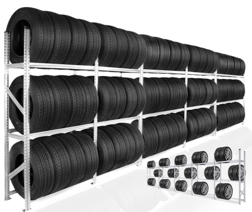 STOJAK NA OPONY REGAŁ NA KOŁA ZESTAW 5x NA 60 SZT DO 195 mm STAL CYNKOWANA