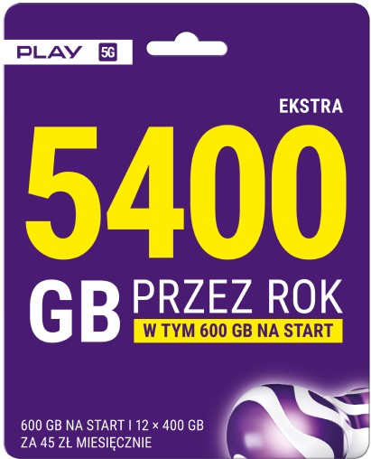 STARTER INTERNET MOBILNY NA KARTĘ PLAY 4G|5G|LTE 54000GB NA ROK |450GBx12|