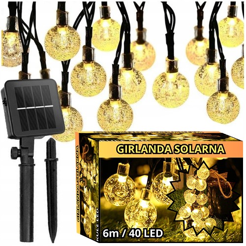 GIRLANDA OGRODOWA SOLARNA | LAMPKI SOLARNE KULE LED BIAŁY CIEPŁY 6M ZESTAW