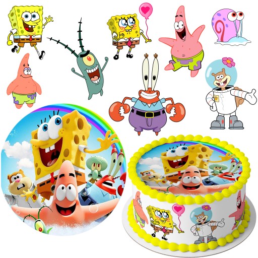 ZESTAW OPŁATEK NA TORT SPONGEBOB + 8 POSTACI 9CM