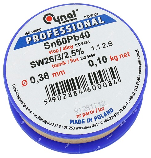 CYNA DO LUTOWANIA Z TOPNIKIEM 2,5% OŁOWIOWA S-Sn60Pb40 CYNEL 0,38mm 100g