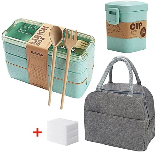 3 Layer Wheat Straw Lunch Box with Bag Japanese Microwave Bento Box with