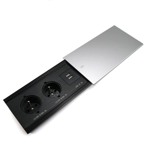 Gniazdo podwójne +USB nablatowe przesuwane wpuszczane 2xFR 2xUSB-A SREBRNE