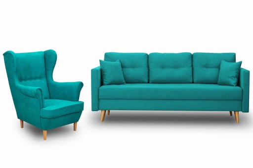 TURKUSOWY ZESTAW WYPOCZYNKOWY SOFA + FOTEL USZAK