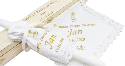 SZATKA DO CHRZTU + ŚWIECA I PUDEŁKO + HAFT GLAMOUR