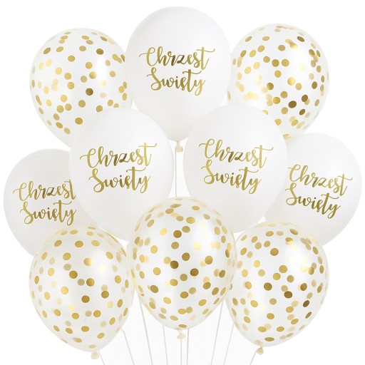 Balony z konfetti na Chrzest chrzciny białe złote z konfetti mocne hel x10