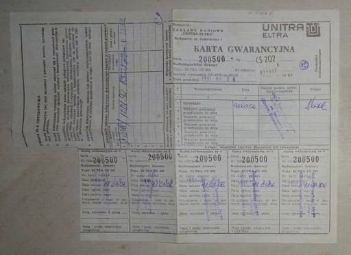KARTA GWARANCYJNA RADIOMAGNETOFON ELTRA BYDGOSZCZ