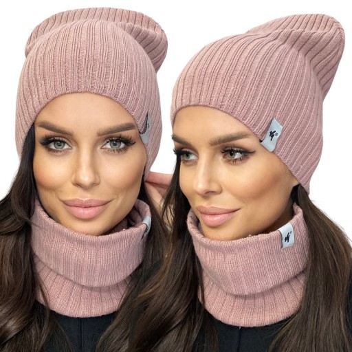 KOMPLET DAMSKI CZAPKA BEANIE KOMIN GOLF TUBA DUŻY ZESTAW ZGASZONY RÓŻOWY