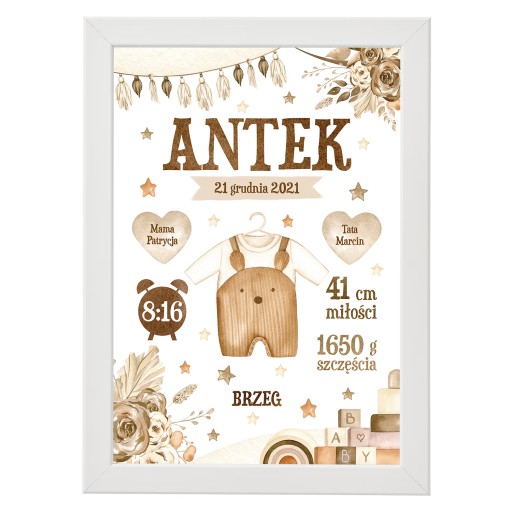 METRYCZKA z ramką urodziny chrzest personalizacja