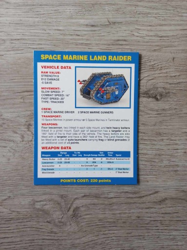 Space Marine Land Raider Data Card Warhammer 40k 2nd edition