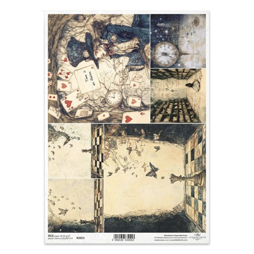 Papier ryżowy do decoupage A4 R2653 Kapelusznik karty szachy motyle, zegar